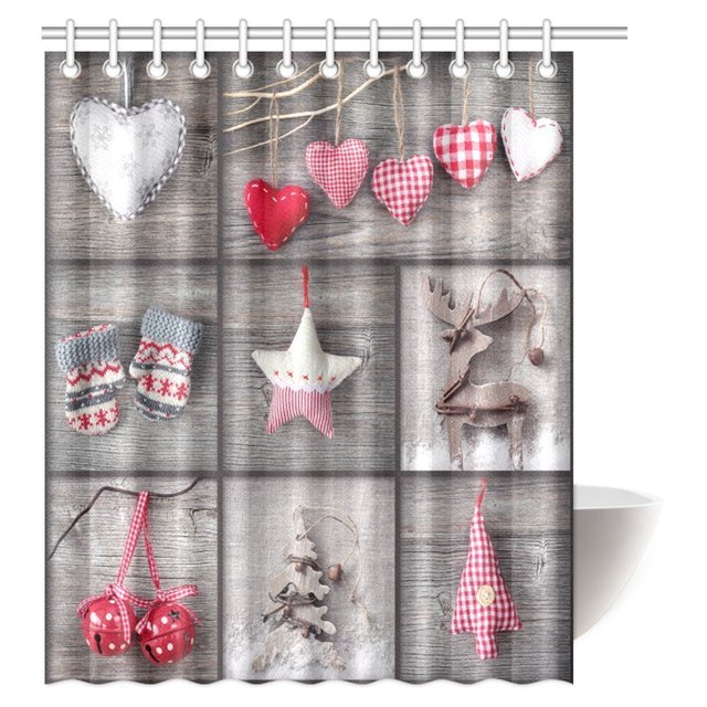 ABPHQTO Cortina de ducha con adornos navideños, collage de fotos navideñas sobre cortina de ducha de baño de tela de madera gris vintage, 150x180 cm