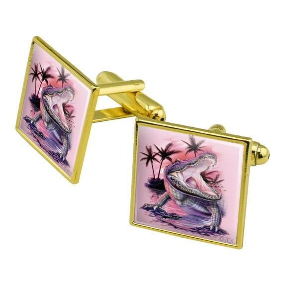 Smiling Tropical Alligator Palm Trees Square Cufflink Set - Silver or Gold