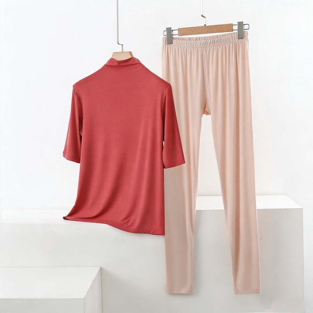 TaTaai Womens high neck pajama set, 3/4 sleeves, solid color modal, casual trendy, breathable skin-friendly, comfortable fit, great for spring & autumn bedtime & relaxation Gift