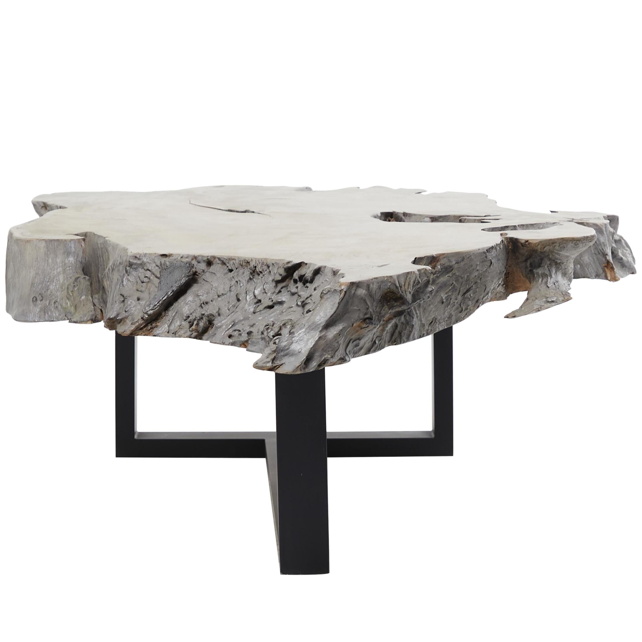 DecMode 50" x 15" Gray Teak Wood Handmade Live Edge Wood Slab Coffee Table with Black T Stand Base, 1-Piece