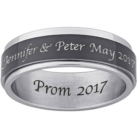 Personalized Men's Inside and Top-Engraved Spinner Ring in Black and White Stainless Steel
