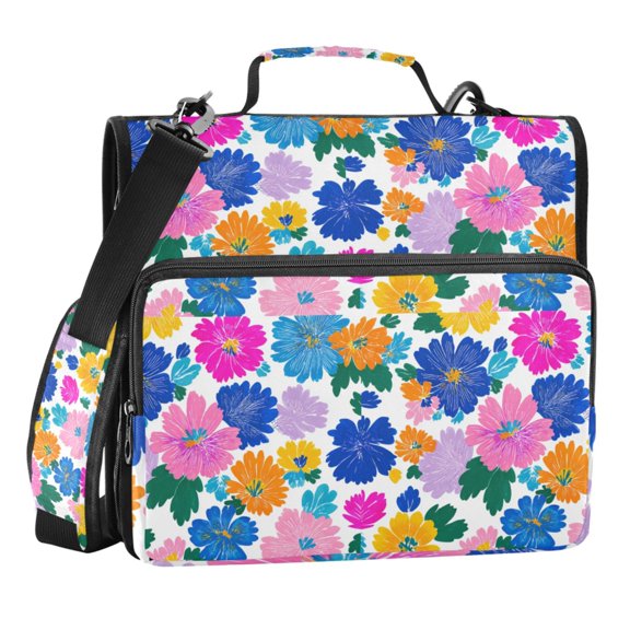 Zipper Binder Colorful Flowers 1.5 Inch Binder Folder Bag with Shoulder Strap and Handle