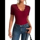 thumbnail image 5 of Camisetas de Corta con Cuello en V y Encaje para Mujer, Camisetas Básicas Ajustadas de Punto Acanalado, Estilo Informal de Verano para Negocios Vino Tinto XL, 5 of 10