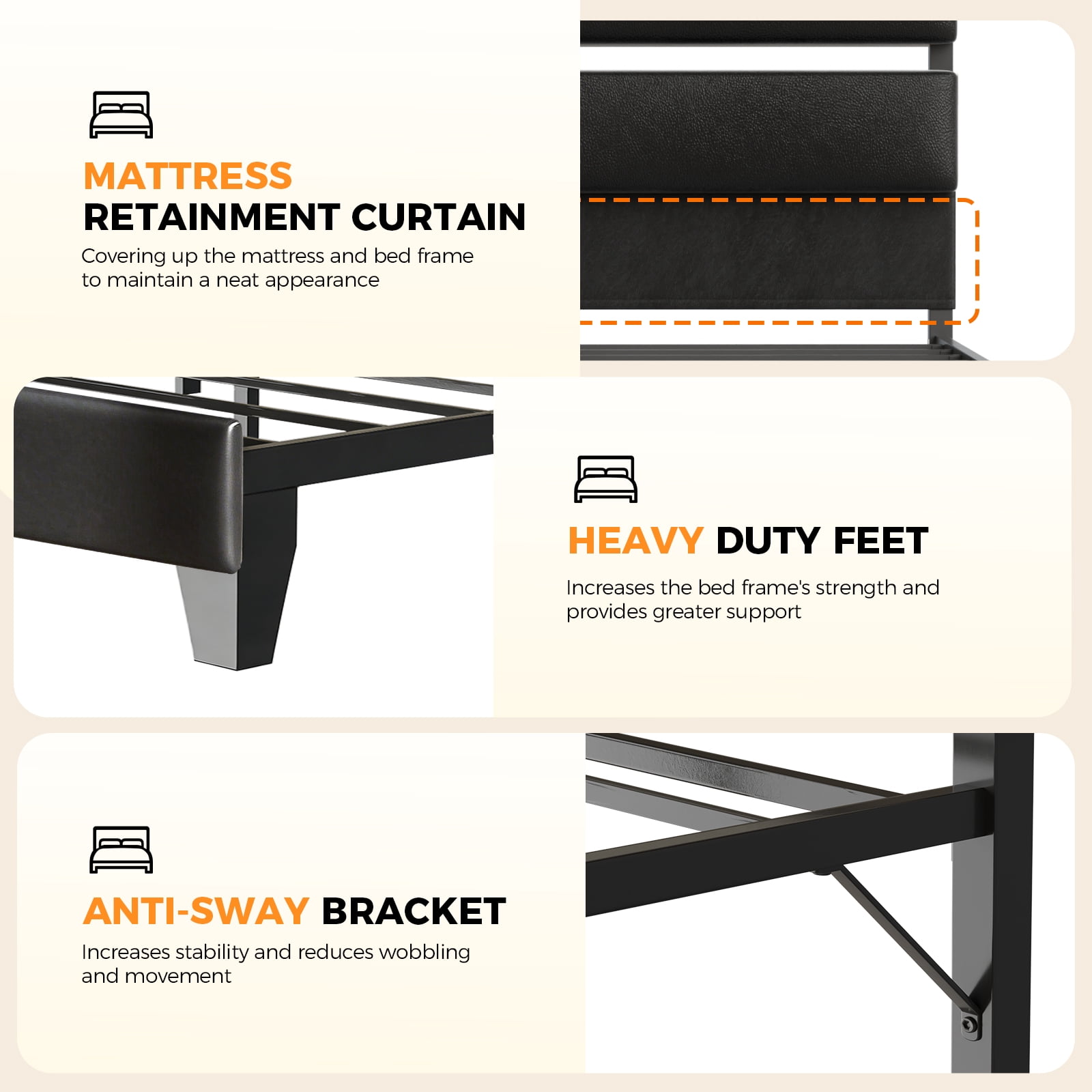 LUCKLIFE Queen Metal Bed Frame with Pu Upholstered Headboard, No Box Spring Needed Noise Free, Black