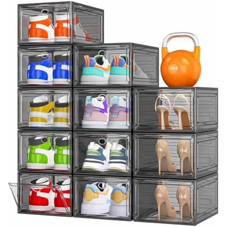 12 Pack Clear Shoe Storage Organizer with Magnetic Door Stackable Plastic Shoe Boxes for Sneakers Boots and Heels Space-Saving Foldable Shoe Rack for Closet Durable Shoe Cabinet Organizer Black