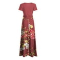 thumbnail image 4 of Wycnly Summer Dresses for Women Vintage Empire Waist Pleated Swing Tunic A Line Formal Maxi Dresses 2024 Short Sleeve Round Neck Sunflower Print Long Formal Dress Red l, 4 of 5