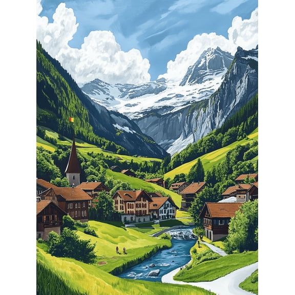 Swiss Village Landscape Canvas Painting/Wall Art， Suitable for Living Room， Bedroom， Office， Hotel Lobby， and Gallery Decoration.