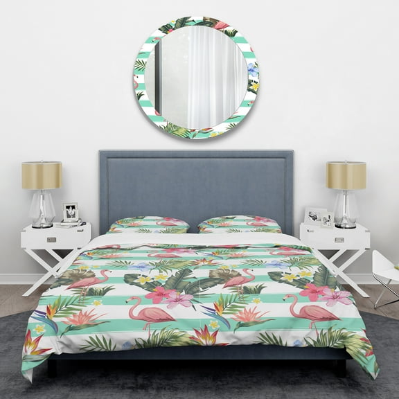 Designart 'Tropical Botanicals, Flowers And Flamingo' Mid-Century Modern Duvet Cover Set