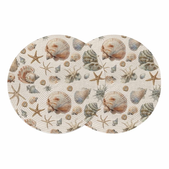 Seashell Coastal Round 13 Inch Placemats Set of 2, Summer Beach Ocean Starfish Burlap HeatResistant Non Slip Place Mats for Dining Table, Wipeable Braided Kitchen Table Mats for Housewarming