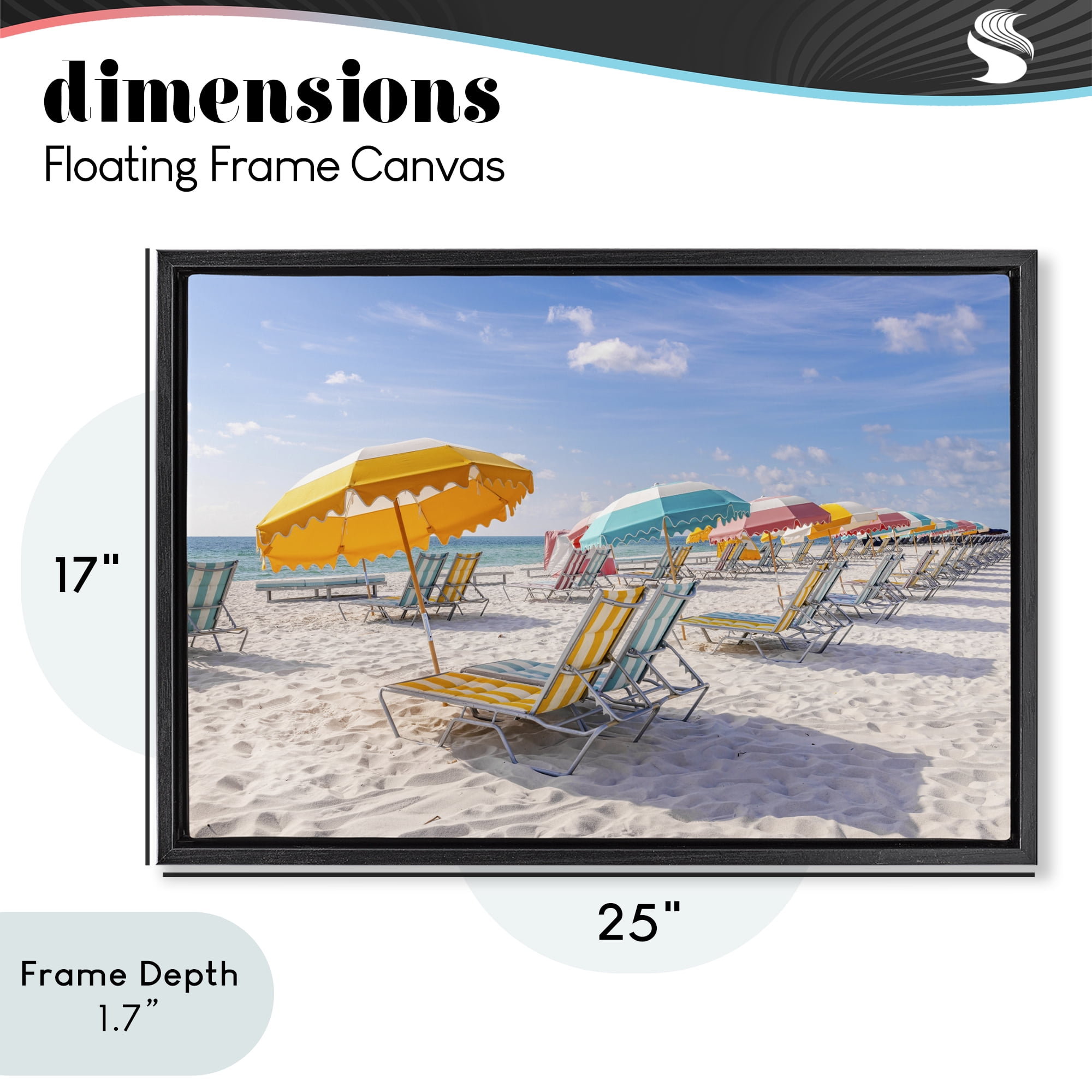 Stupell Industries Striped Umbrellas on Sunny Beach Black Framed Floater Canvas Wall Art, design by Richard Silver