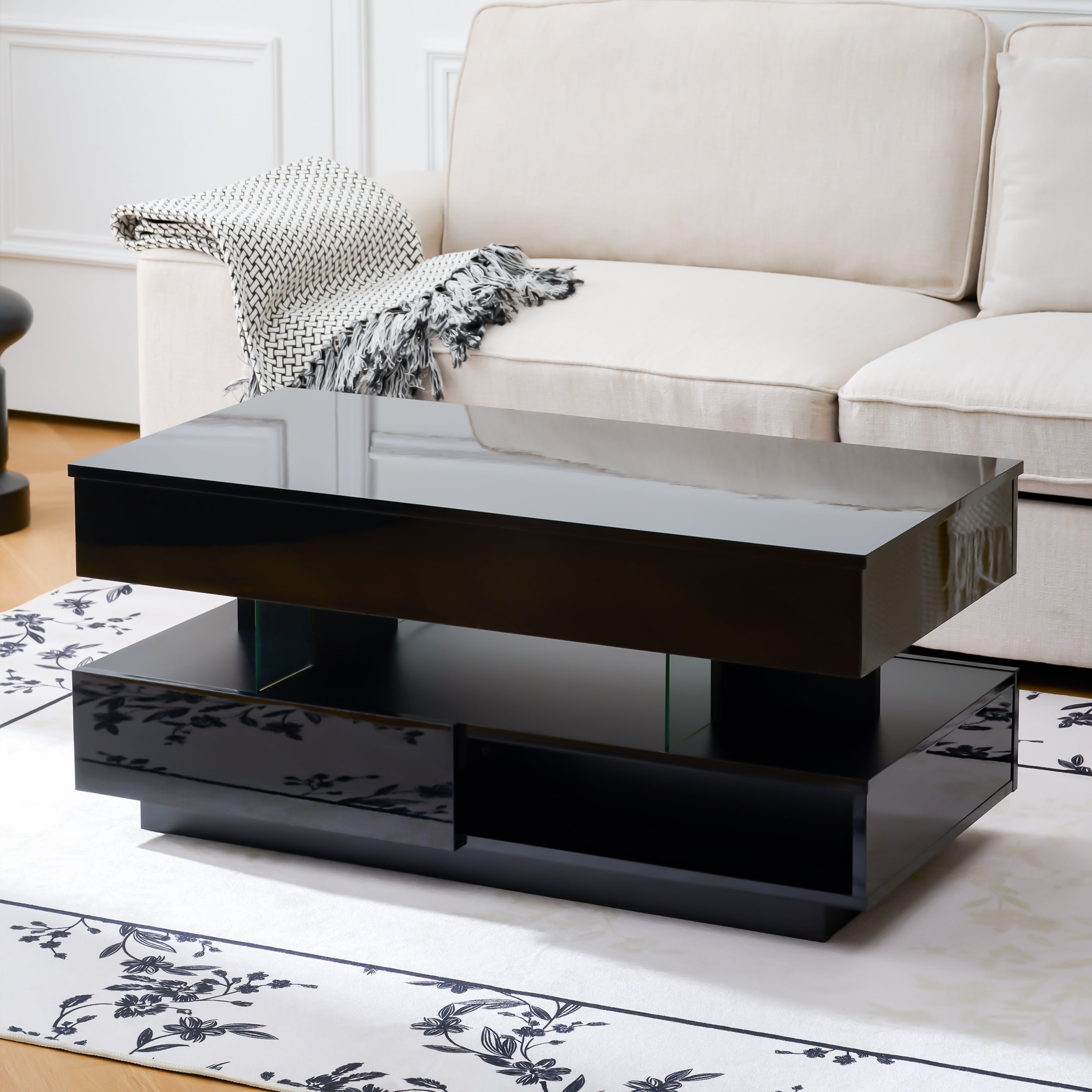BaPiPro 39.3" Lift Top Coffee Table with LED Lighting, Hidden Compartment, 2 Storage Drawers, Adjustable Height, Black