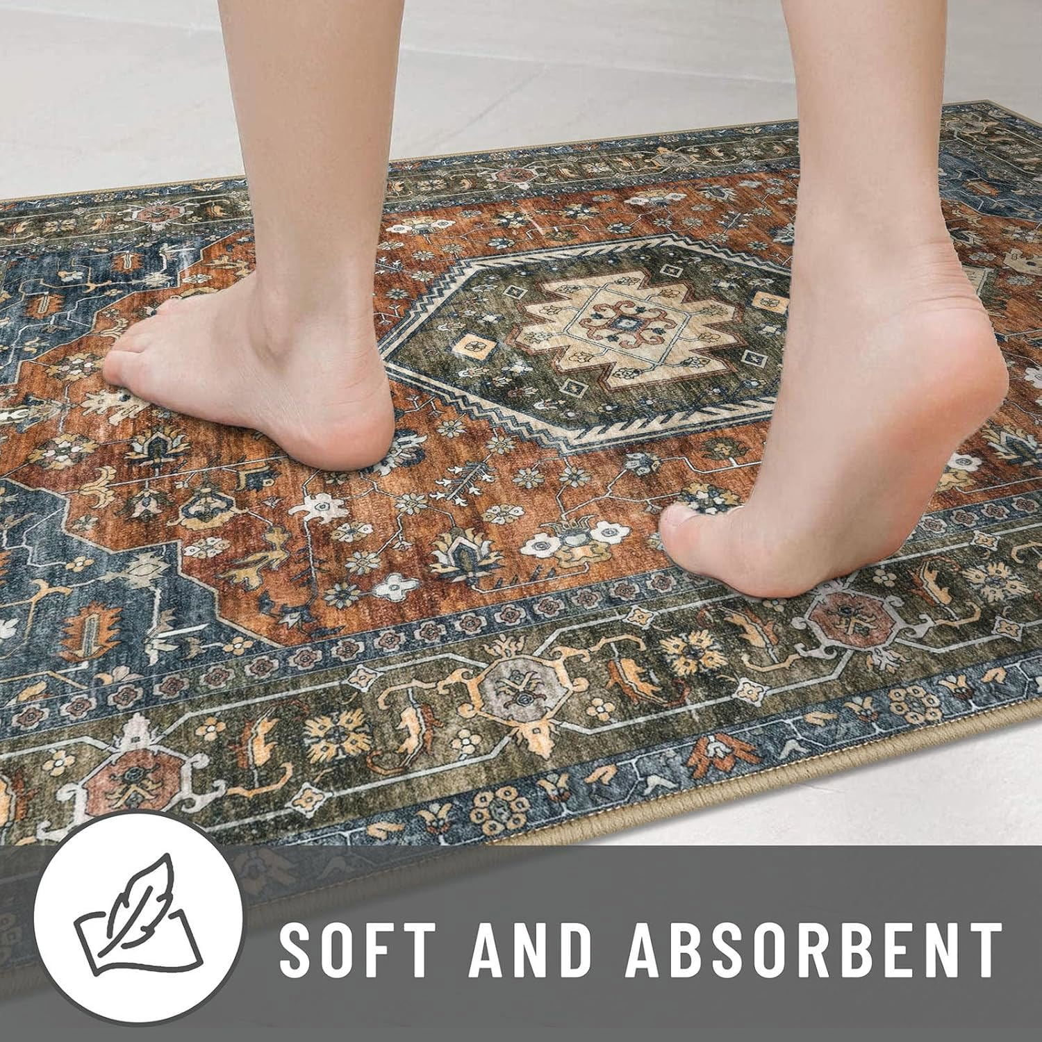 GLATTICE Washable Rugs 3x5 Brick Red Area Rugs Vintage Floral Rug for Living Room Non-Slip Kitchen Rugs Soft Printed Distressed Entry Rug Low-Pile Throw Rug Carpet for Entryway Bedroom