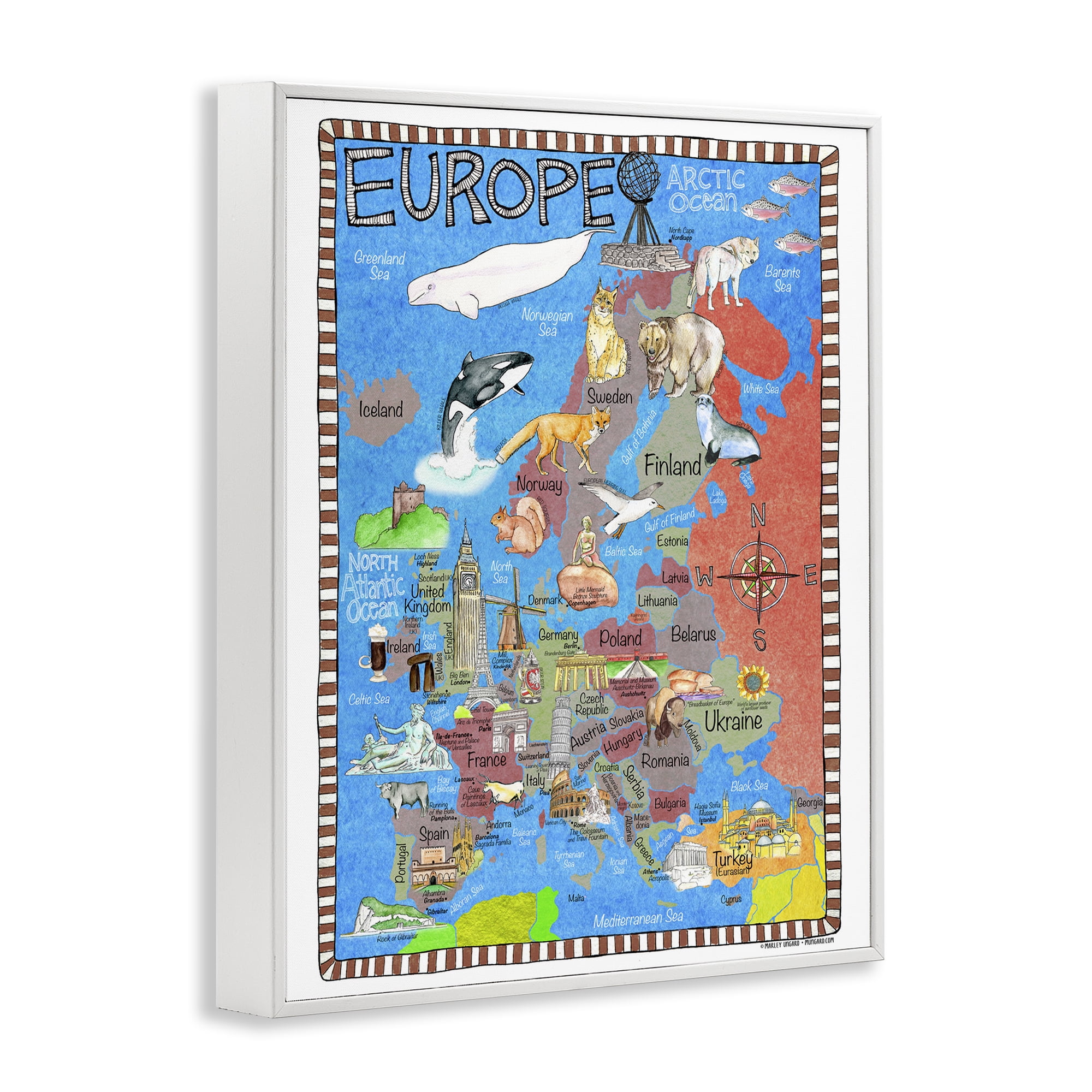 Stupell Industries Europe Animal Map Travel & Places Painting White Framed Art Print Wall Art, 11 x 14