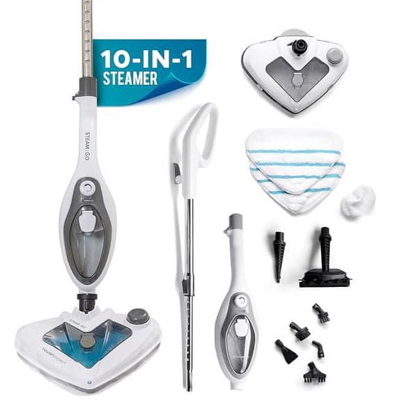 Steam and Go Vadrouille à Vapeur 10-en-1 - Défroisseur à Plancher avec Chambre à Détergent et Manche Détachable pour Carrelage, Coulis, Vêtements, Meubles, Bois Franc, Rembourrage et Tapis, Nettoyeur à Vapeur Portatif pour la Maison