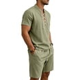 thumbnail image 4 of Mens Linen 2 Piece Set Short Sleeve Retro Medieval Viking Lace Up Henley Pirate Shirt and Shorts Summer Distressed Vacation Outfits Army Green, 4 of 8