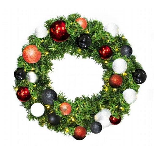 Couronne de Séquoia Blanc Chaud Pré-Éclairé Décorée de la Collection d'Ornements Modernes