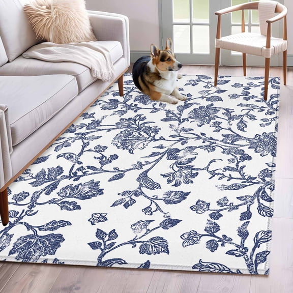 Vintage Blue Floral Washable Area Rug 3x5 Farmhouse Flower Pastoral Style Low-Profile Large Area Rugs with Non Slip Backing Indoor Floor Carpet for Entrance Living Room Bedroom Home Office