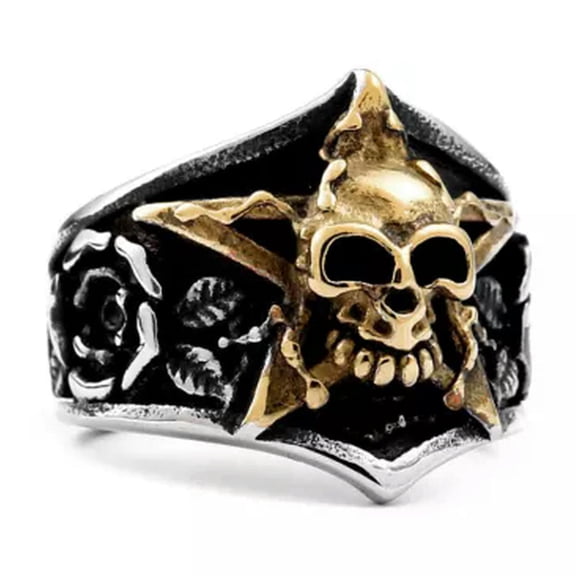 HOOUN Gold Star Skull Ring Stainless Steel Gothic Men's Rose Skull Ring Biker Siz 7-13-12
