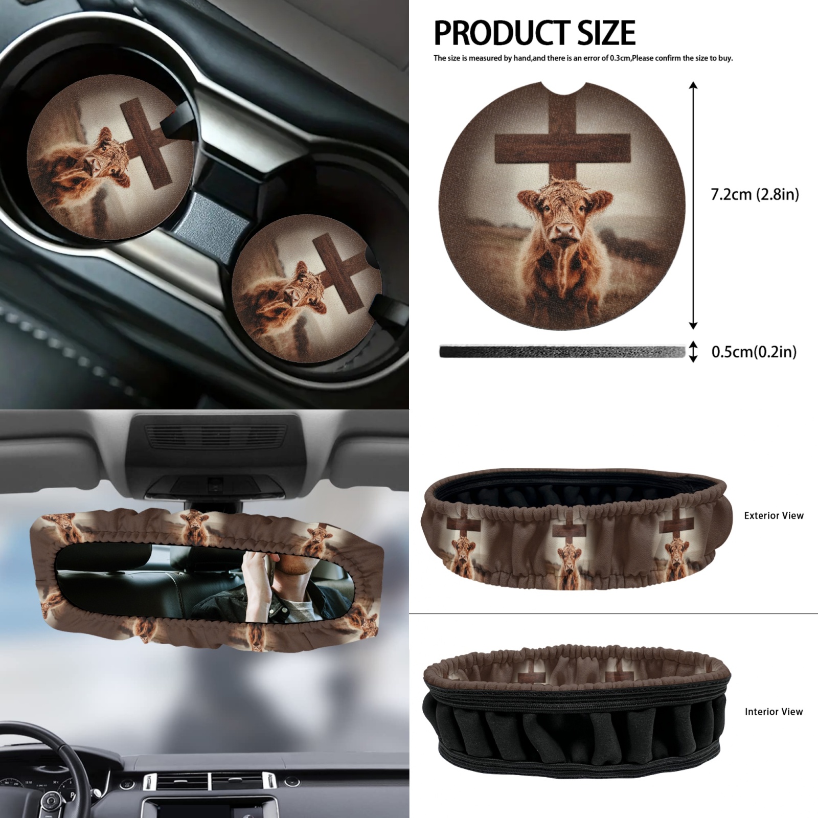 Renewold Highland Cow Cross 12 PCS Front Car Seat Cover Full Set, with Steering Wheel Seat Belt Rear View Mirror Cover Armrest Mat Trash Bag Air Vent Bag Coasters Key Chain Auto Accessories