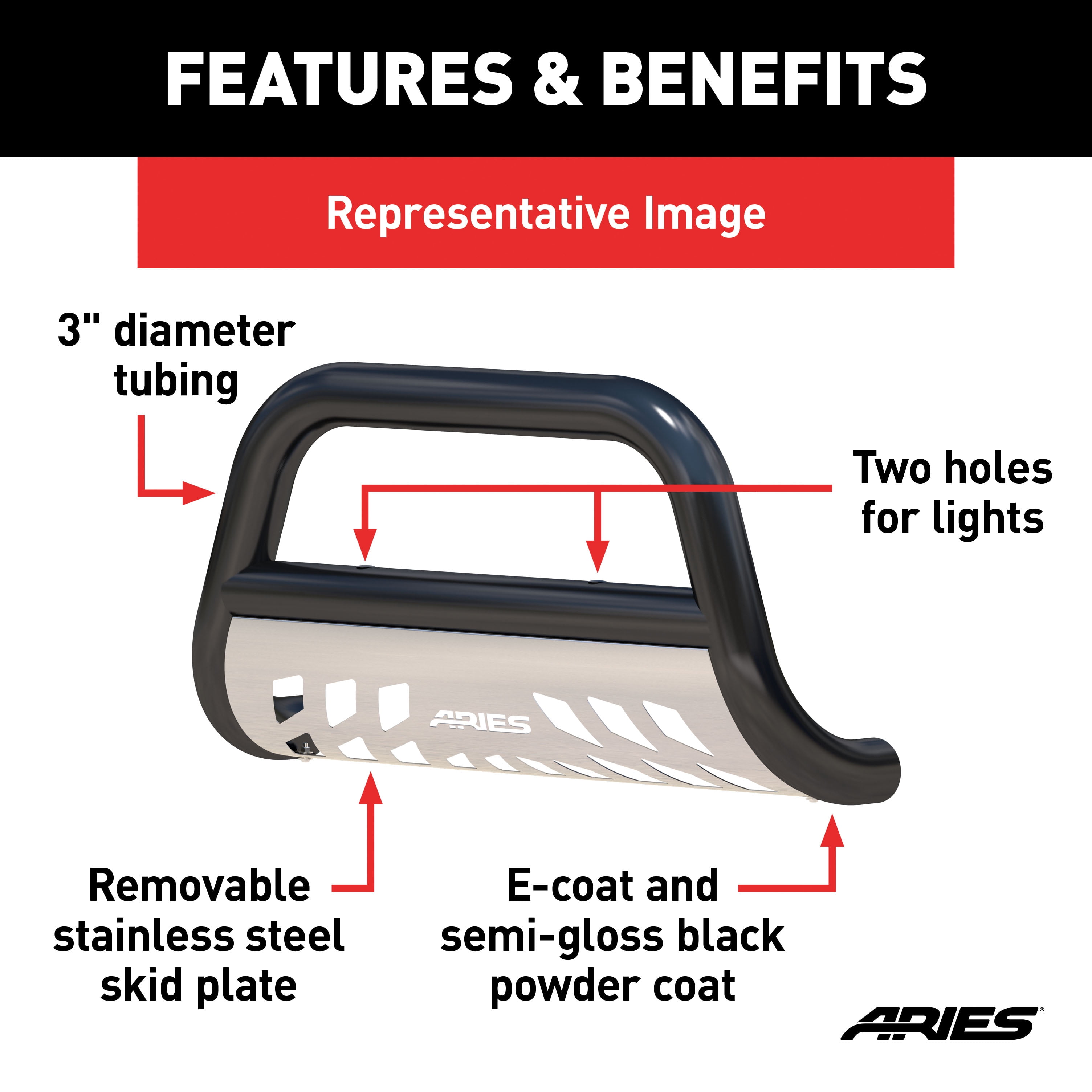 ARIES B35-4017 3-Inch Black Steel Bull Bar No-Drill High-Strength Bull Bar For Chevrolet, GMC