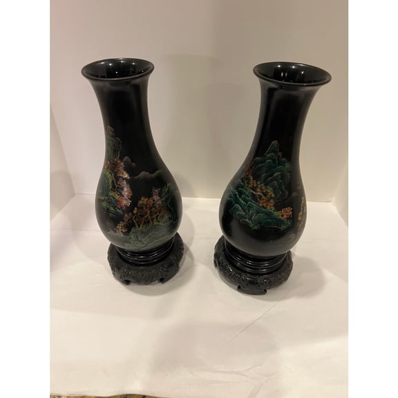 Pair Of Vintage Lacquer Ware Vases , Artisan Home Decor,2"W x 8"H