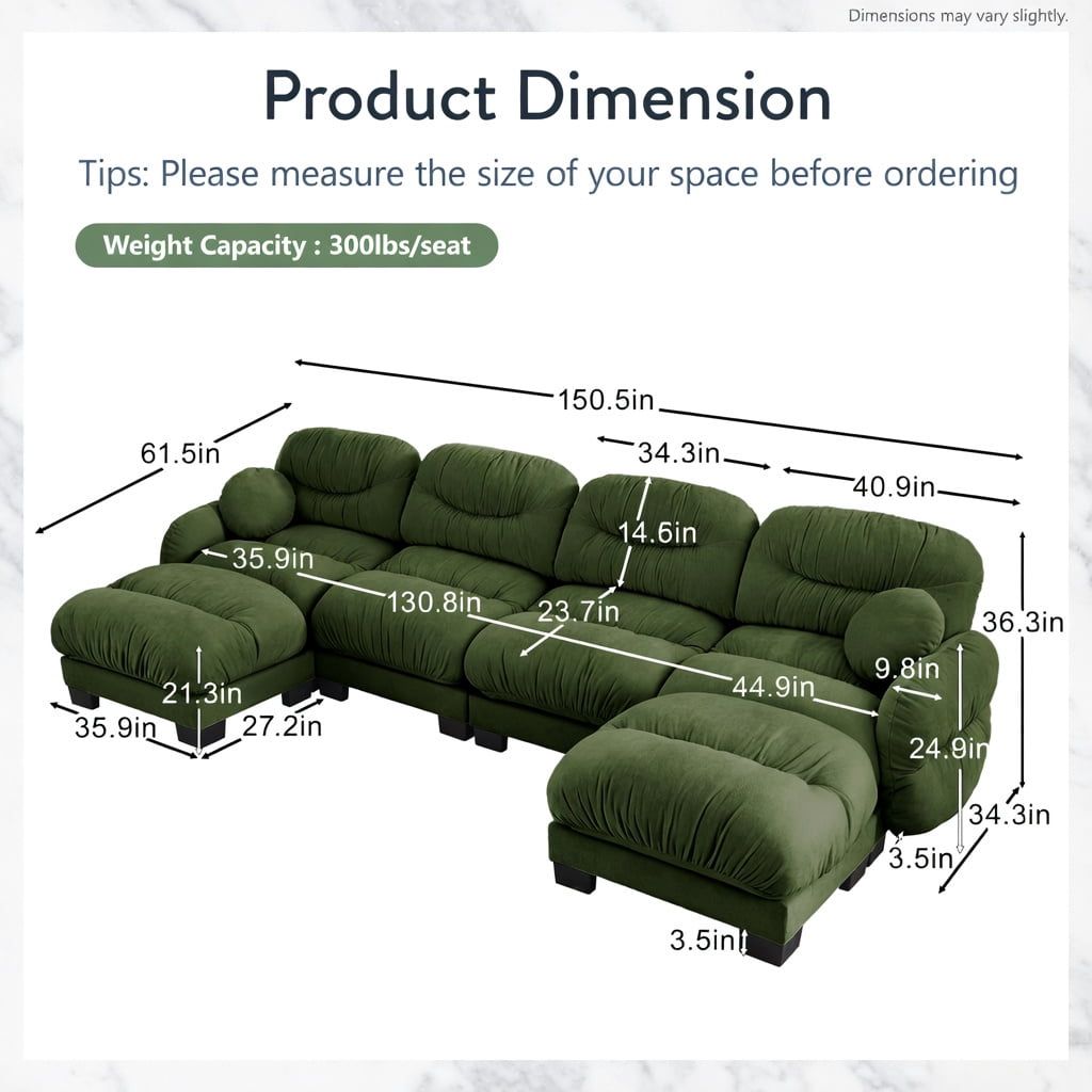 Hommoo Chenille U-Shaped Modular Sectional Sofa with Ergonomic Foam, Pleated Back Design, 2 Ottomans & 2 Throw Pillows, 4-Seat Plush Living Room Couch, Green