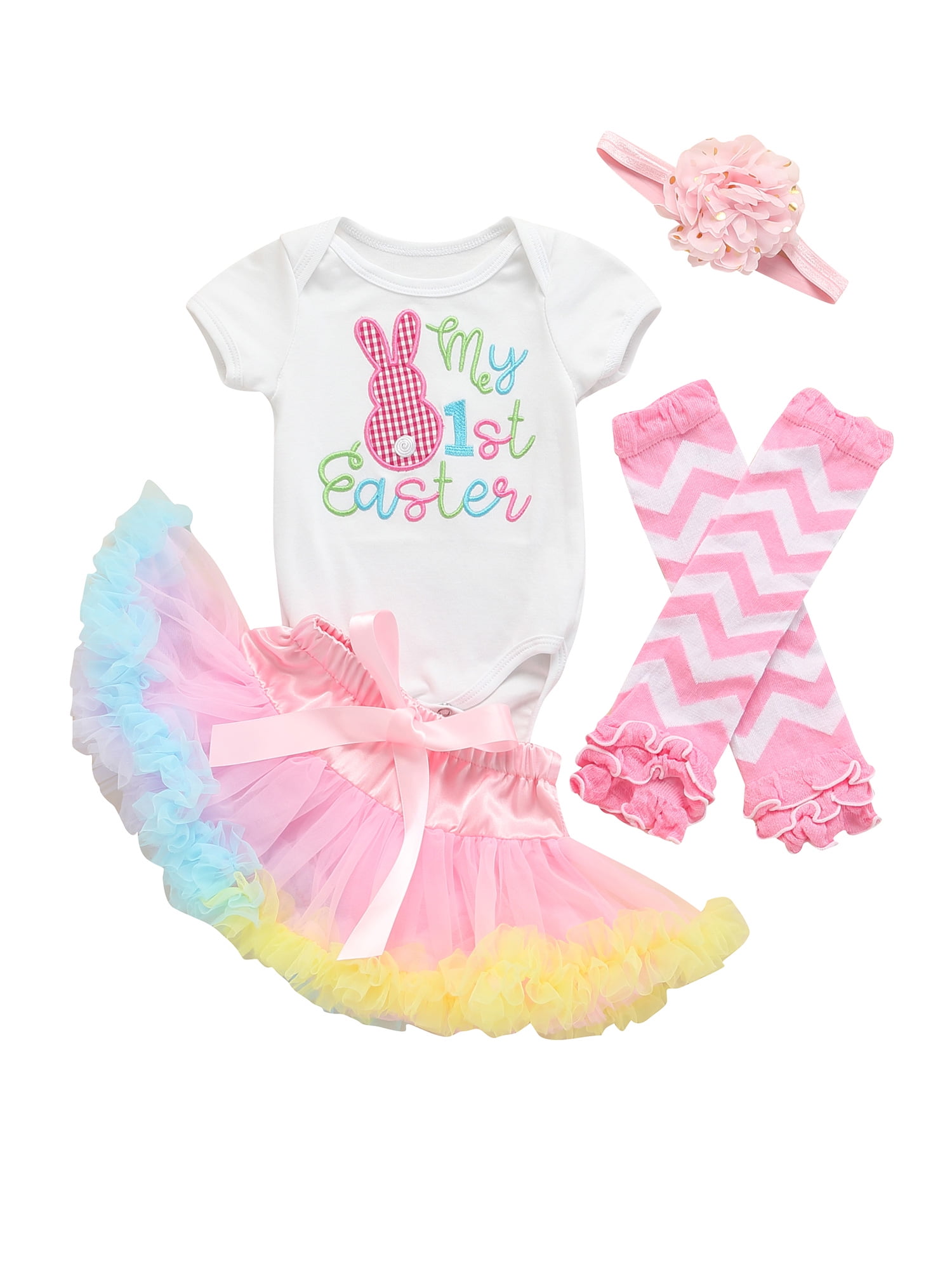 Baby Girl My 1st Easter Skirt Set Short Sleeve Romper+Dot Bubble Dress+Bunny Leg Warmers+Headband 4Pcs Outfits 