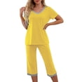 thumbnail image 2 of Plus Size Women's Two Piece Pajama Sets, Lightweight Breathable Relaxed Cut, V-Neck Short Sleeve Top Matches Capri Length Pants, Comfortable Pajama Party Lounge | TruHer,Yellow 4XL, 2 of 8