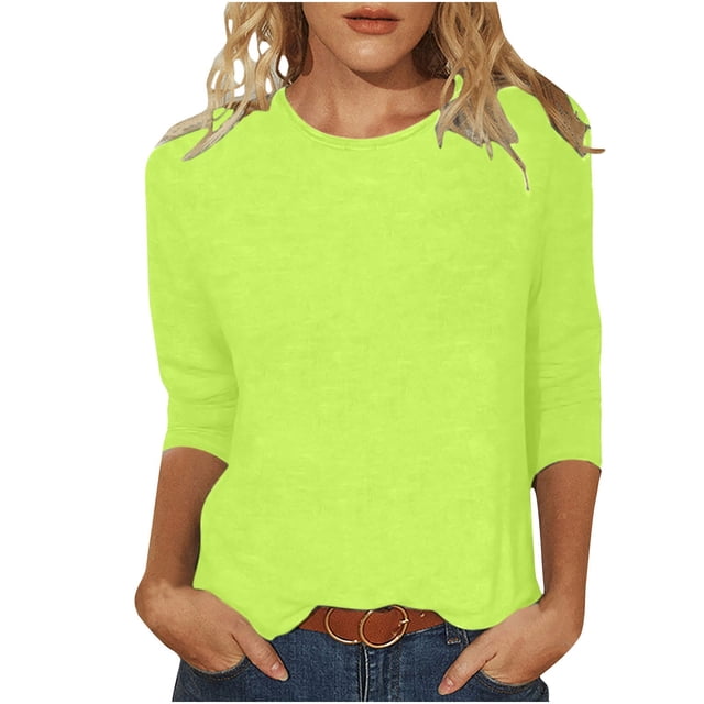 Pompotops T-shirt Mode Femme Uni Mi-Longueur Manches 3/4 Blouse Col Rond Tops Décontractés Liquidation