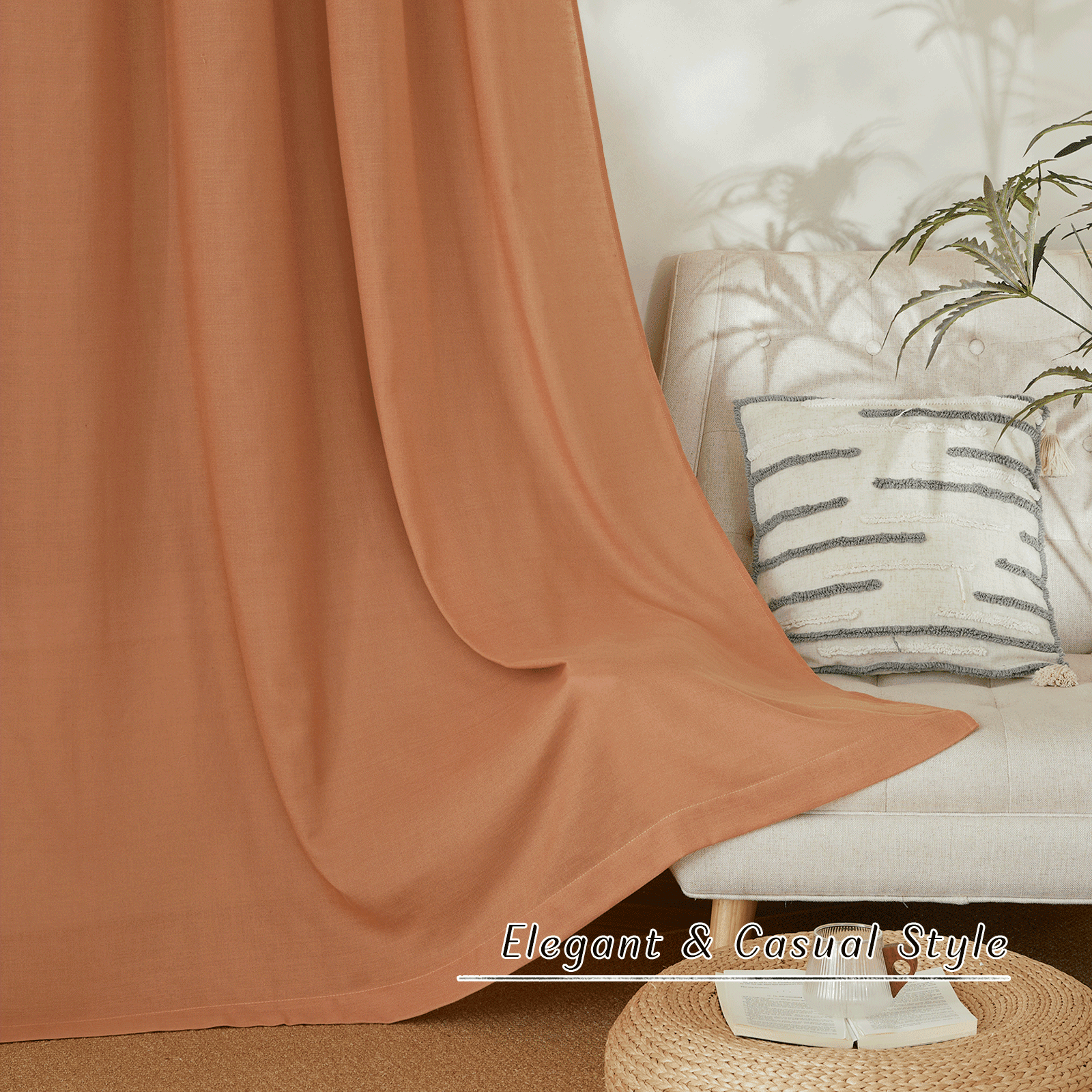 NICETOWN Linen Curtains for Bedroom, Semi Sheer Thick Linen Drapes Light Filtering Privacy Protection Grommet Living Room Curtain Panels, Burnt Orange, 55"x96", 2 Panels