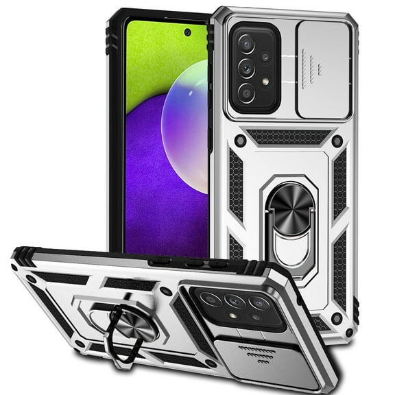 Heavy Duty Armor Case for Samsung Galaxy A73 5G, Rugged PC Soft TPU Military Grade Shockproof Metal Magnetic Car Mount Shockproof Cover with Camera Lens Sliding Ring Holder Bracket Case,Silver