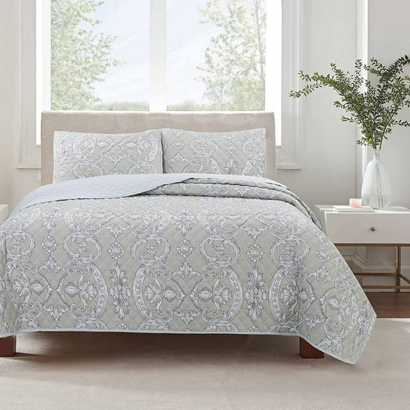 Cozy Line Gray Medallion Lucianna Millennial Floral Majesty Reversible Quilt Bedding Set