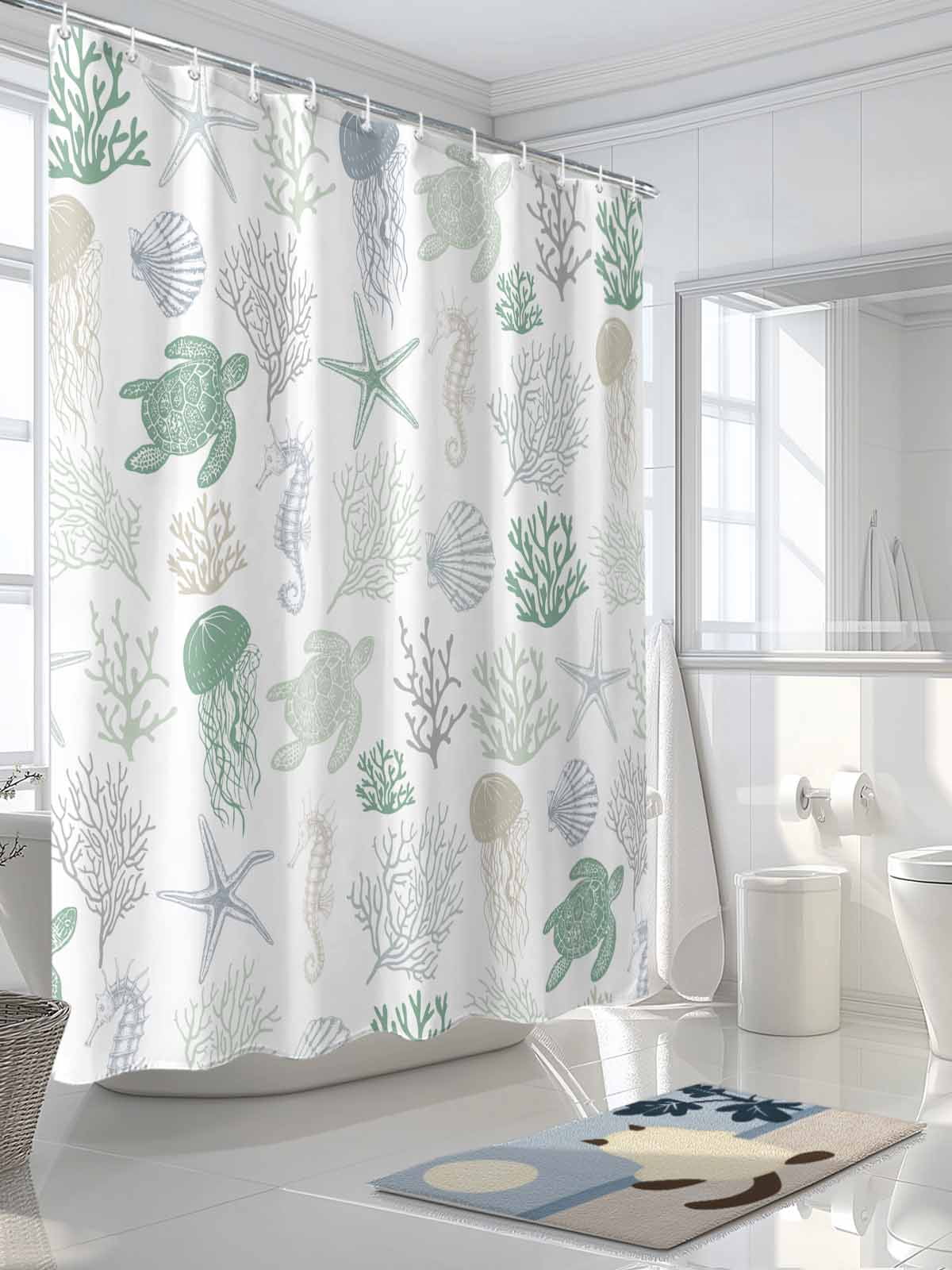 Green Coastal Waterproof Fabric Shower Curtain, Nautical Summer Beach Coral Sea Turtle Shower Curtain for Bathroom Curtains Bathtubs Hotel Washable Shower Curtains with 12 Hooks Long 72x78in