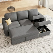 HONBAY 79" Reversible 3 Seat Compact L Shaped Sectional Sleeper Sofa with Pull Out Bed and Storage, Breathable Linen Gray