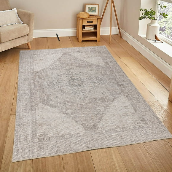 LaDole Rugs 6x9 Living Room Large Premium Cotton Washable Area Rug | Medallion Home Decor Boho Carpet For Living Room, Bedroom, Dining Floor |Beige Ivory