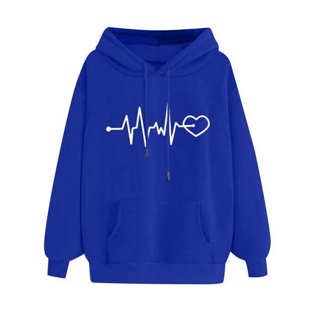 Pompotops Women's Comfortable Sweater Heart Pattern Printed Women's Hooded Pocket Drawstring Sweater Clearance