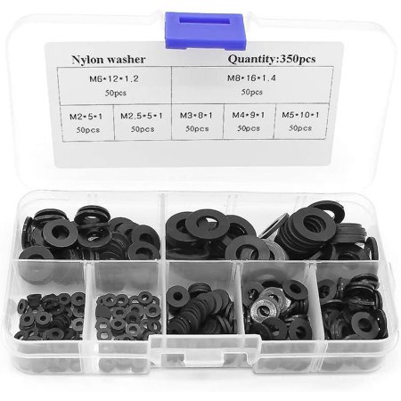 500-Pack Black Nylon Spacer Washers Assortment – 8 Sizes Set With Storage Box, M2 To M10, For DIY, Furniture, Machinery, Craft Projects