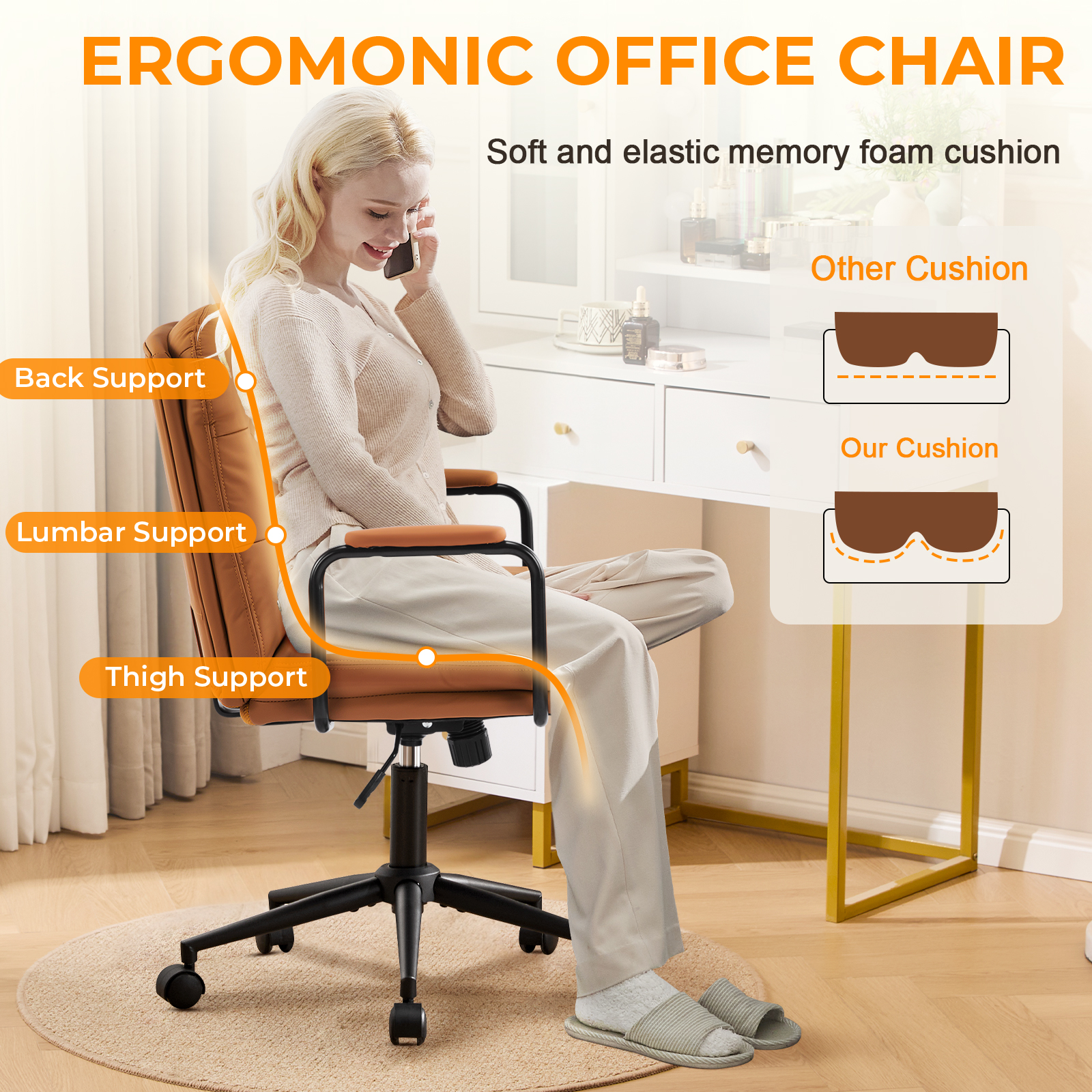 Falvinoryn Modern Office Chair, High Back Ergonomic Task Chair with Padded Armrests and Double Cushion, Swivel Home Office Desk Chair, Faux Leather Executive Armchair for Home, Bedroom (Brown)