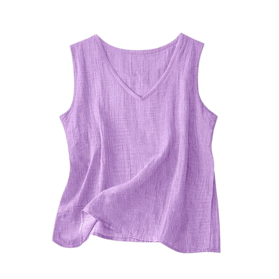 VNKIDY Womens Sleeveless V Neck Linen Tank Top Solid Color Casual Loose Fit Cami For Summer Beach Vacation Office Daily Wear Purple