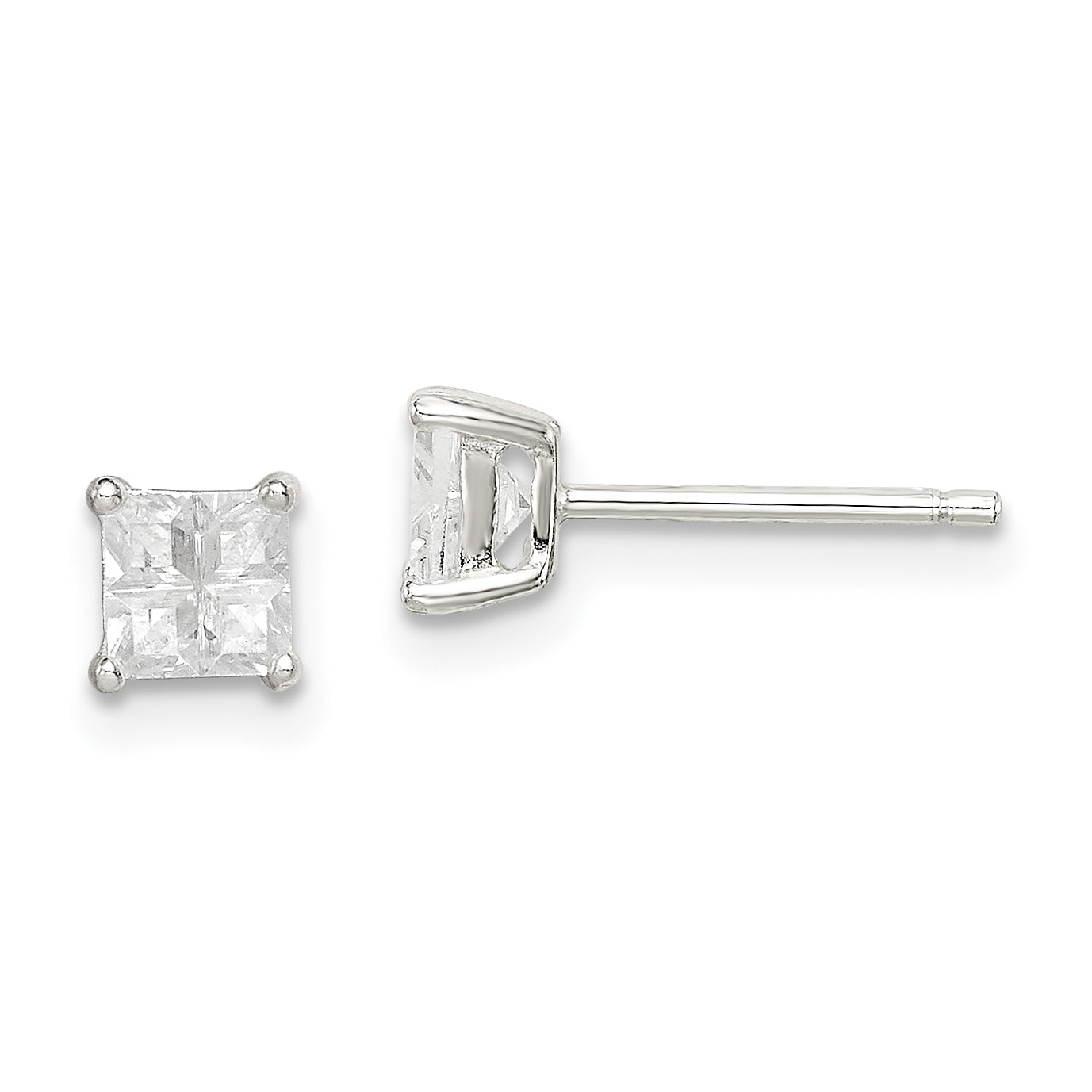 Square 4mm 925 Sterling Silver Ear Studs with Cubic Zirconia So Chic Jewels