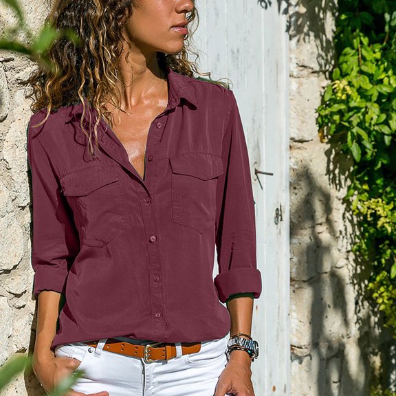 Juebong Women Loose Casual Long Sleeve Solid Turn Down Collar Casual Blouse T-Shirt Tops