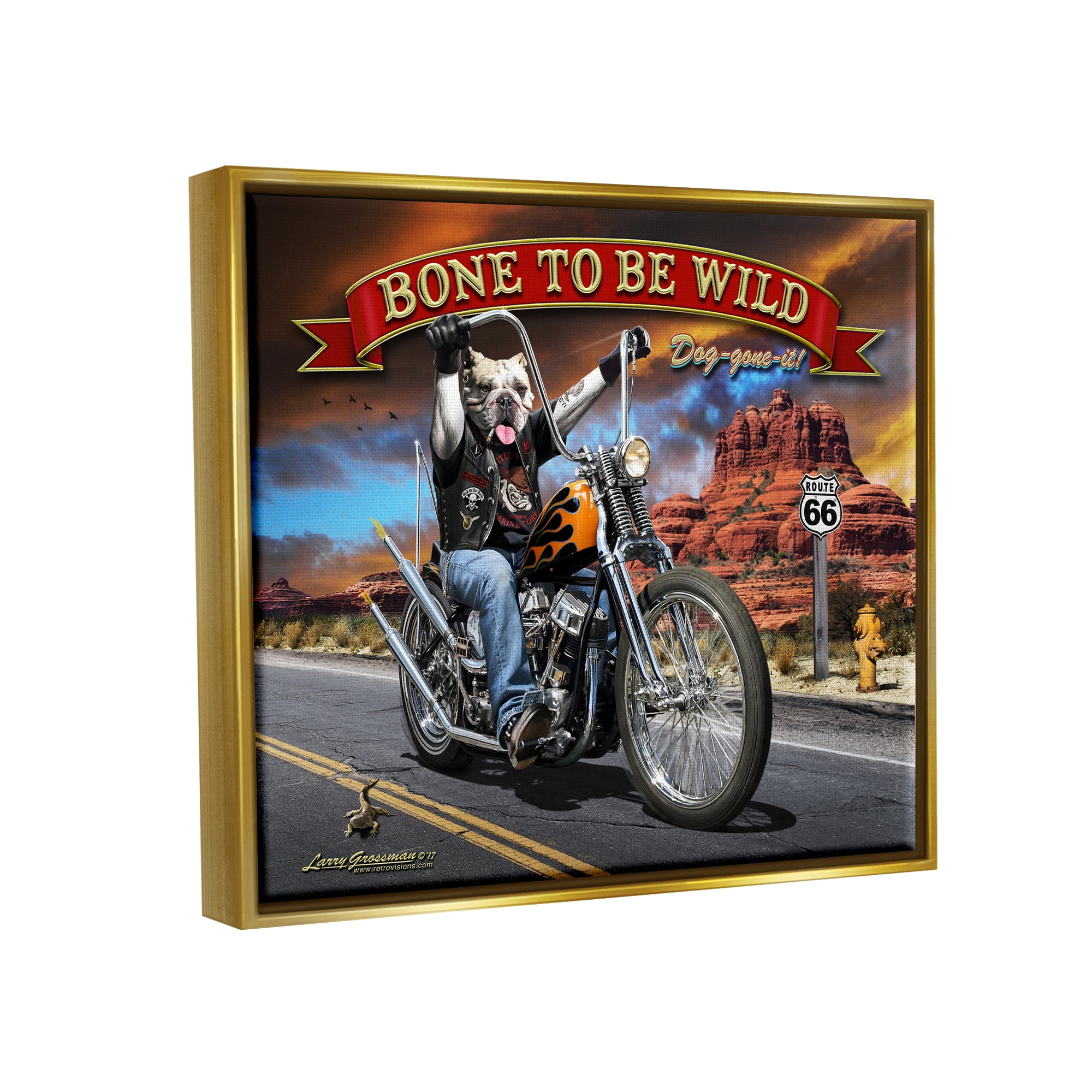 Stupell Industries Bone Wild Motorcycle Dog Transportation Painting Gold Floater Framed Canvas Art Print Wall Art, 31 x 25