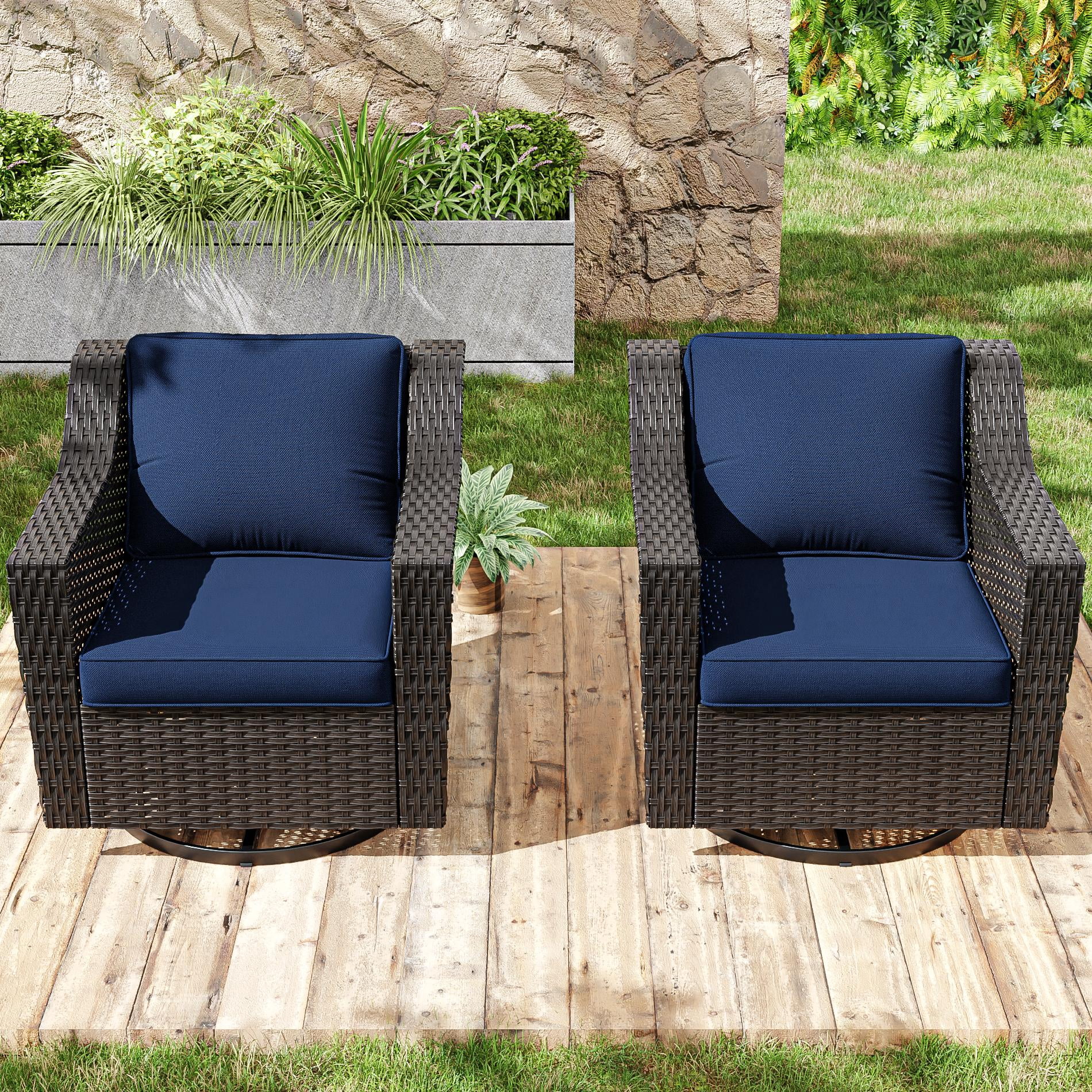 MeetLeisure Patio 2 Pieces Wicker Swivel Chairs Set, Outdoor PE Rattan Rocking Glider Armchairs with Water-Resistant Cushions & Washable Covers for Porch Balcony Sunroom, Dark Blue