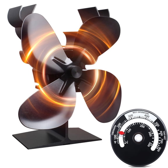 Wood Stove Fan,Upgraded Fireplace Fan with Wood Stove Magnetic Thermometer, NEW 4-Blade Heat Powered Stove Fan for Wood/Log Burners/Fireplaces/Heater