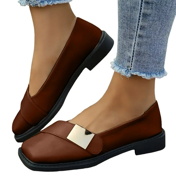 Oxfords Dress Shoes for Women Ladies Fashion Leather Square Toe Chunky Low Heels Slip on Formal Penny Loafers