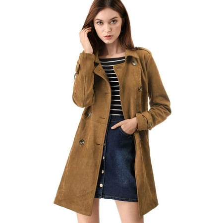 Women Brown Coffee Color Double Ted Trench Coat Formal Short Brown Leather Trench Coat