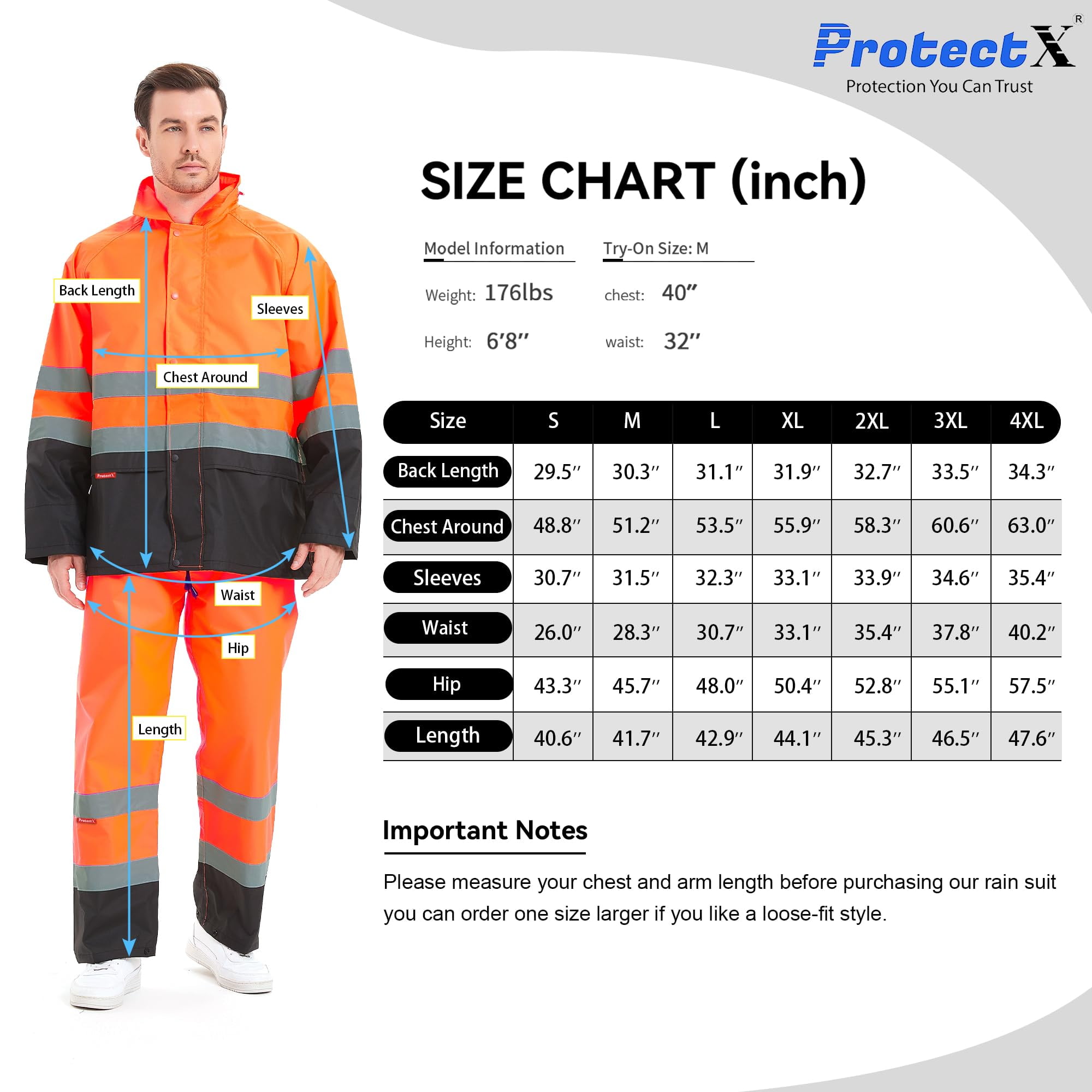 ProtectX Hi Vis Safety Rain Jacket and Pants, Waterproof Reflective Rain Gear for Farming Fishing Work, Men Women Rain Suit with Inner Mesh Lining and Pockets, Orange