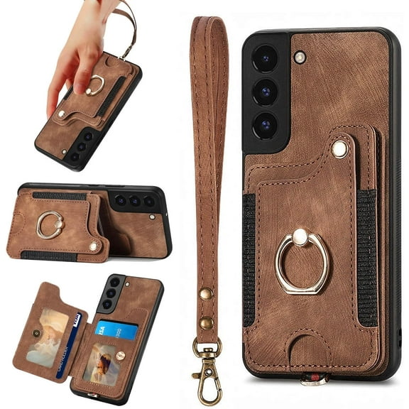 S22 Case,Card Holder Wallet for Samsung Galaxy S22 Case,Ring Holder Stand,RFID-Blocking,Wrist Strap,Camera Protector,Leather Protective Magnetic Flip Cover for Galaxy S22 Case (Brown)