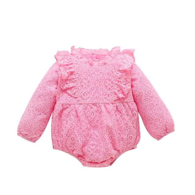 Gibobby Mameluco polar de manga larga de otoño con volantes de encaje liso para recién nacidos y niñas(B, 18-24 Meses)