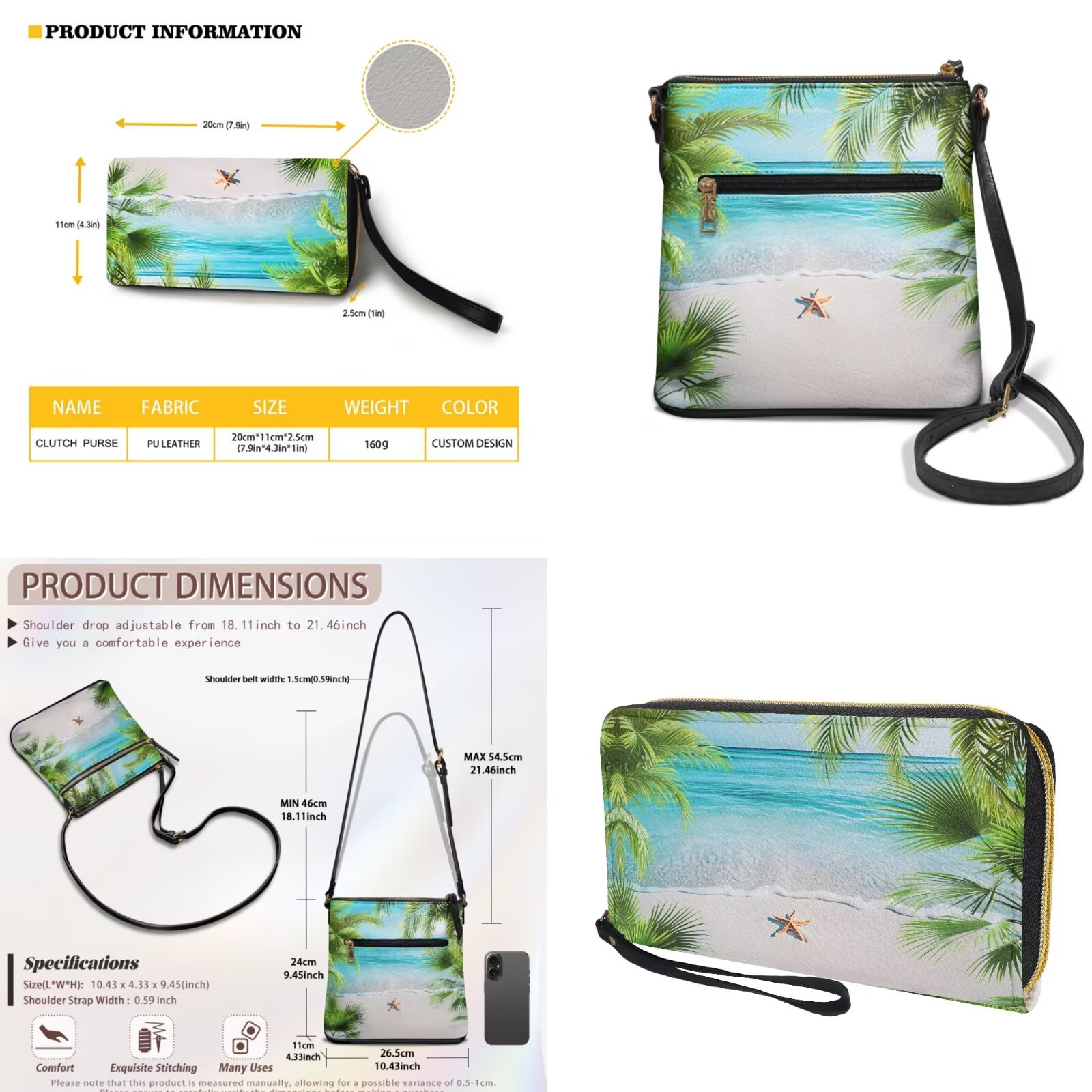 ZUXONGSY Beach Sea Starfish Palm Tree Print Women's PU Leather Crossbody Hobo Bag and Wallet Set, Adjustable Strap, Lightweight, Large Satchel for Travel & Work